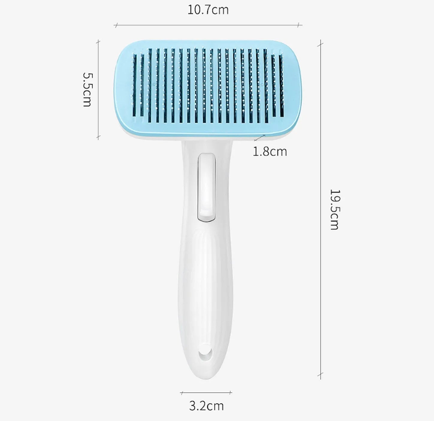 Blue automatic pet hair removal comb for dogs and cats on a white background.