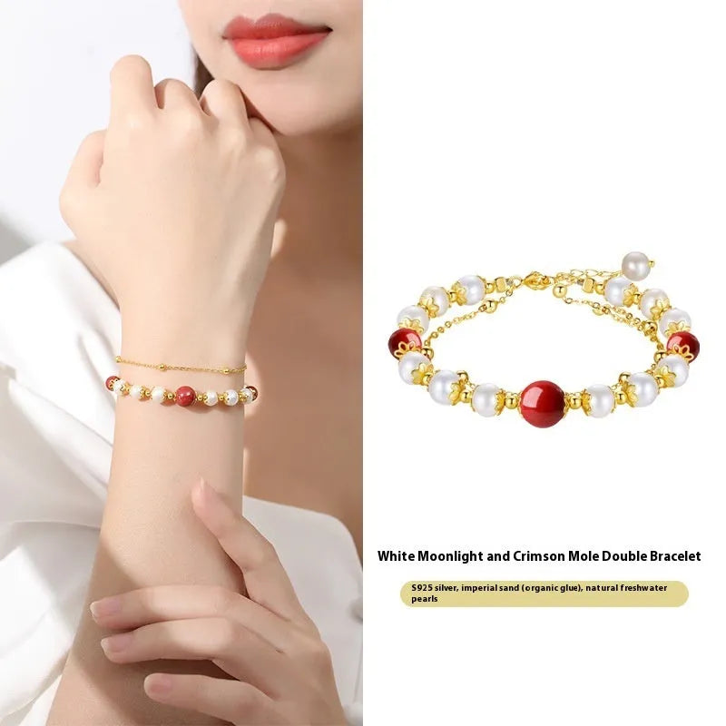 Sterling silver double-layer bracelet with freshwater pearls and cinnabar red bean charms