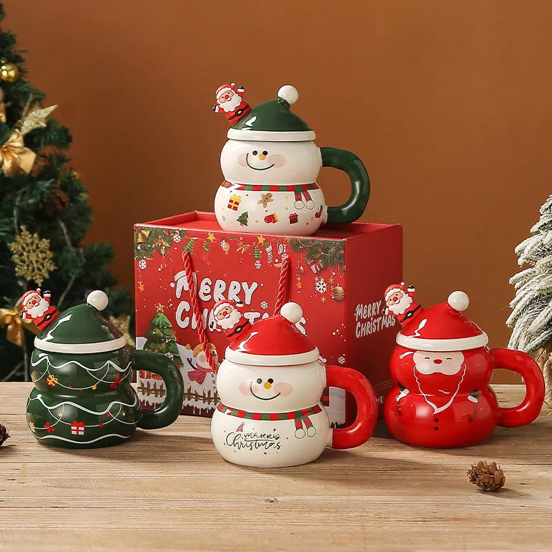 Christmas ceramic cartoon snowman water cup with 400ml capacity, round shape, 8.5cm height