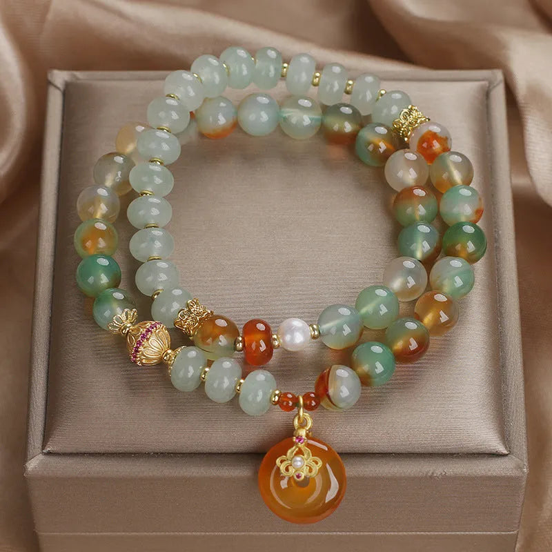 Crystal double ring bracelet in peacock green agate with pearls rhinestones and sequins for women