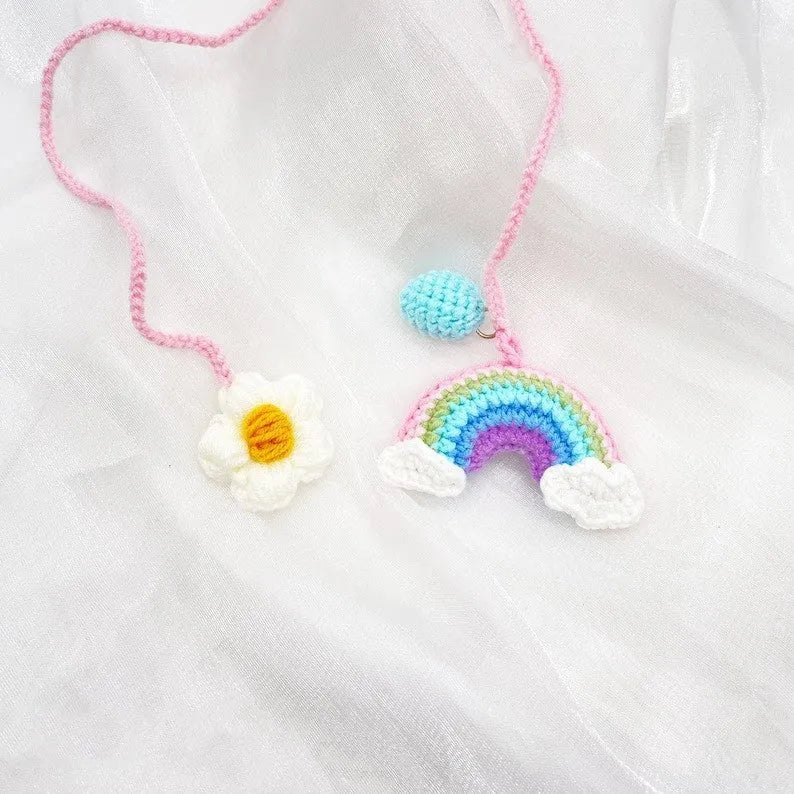 Handmade crocheted avocado rainbow flower car pendant ornament for vehicle interior decoration