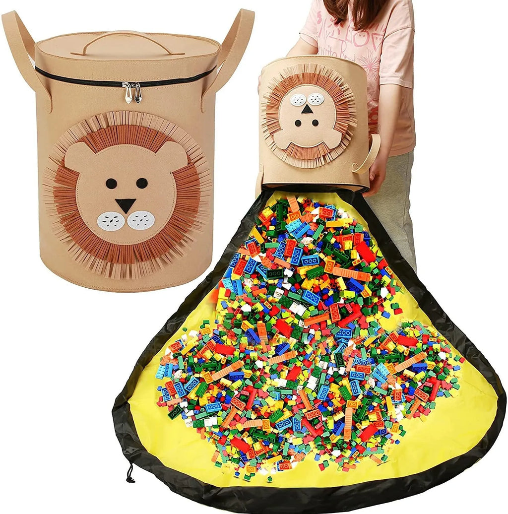 Green foldable felt cube storage bag with pull rope, shown both as a container and laid flat as a play mat.
