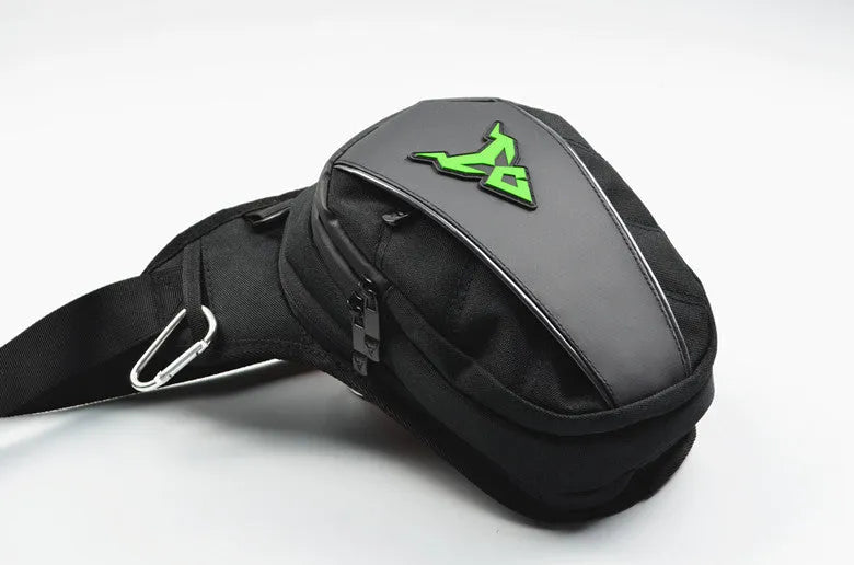 Motorcycle rider's leg bag in 1200D Oxford cloth shown in blue, with crossbody strap.