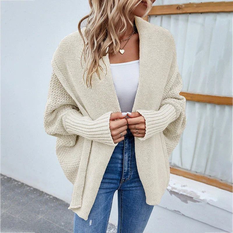 Cozy knit cardigan jacket in various colors with relaxed bat-wing sleeves and large lapel design for women's fall and winter fashion