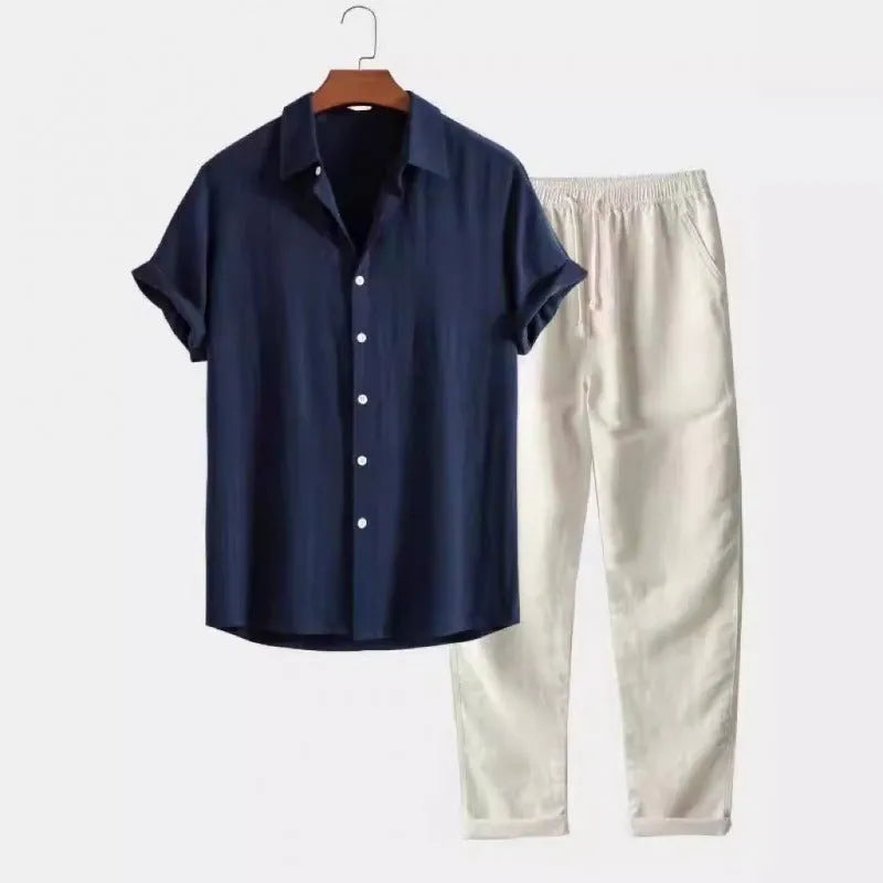 Men's casual linen-style shirt and trousers suit in loose fit with short sleeves