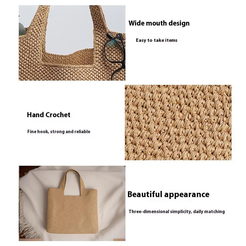 Horizontal square woven straw tote bag with open pockets and double shoulder straps