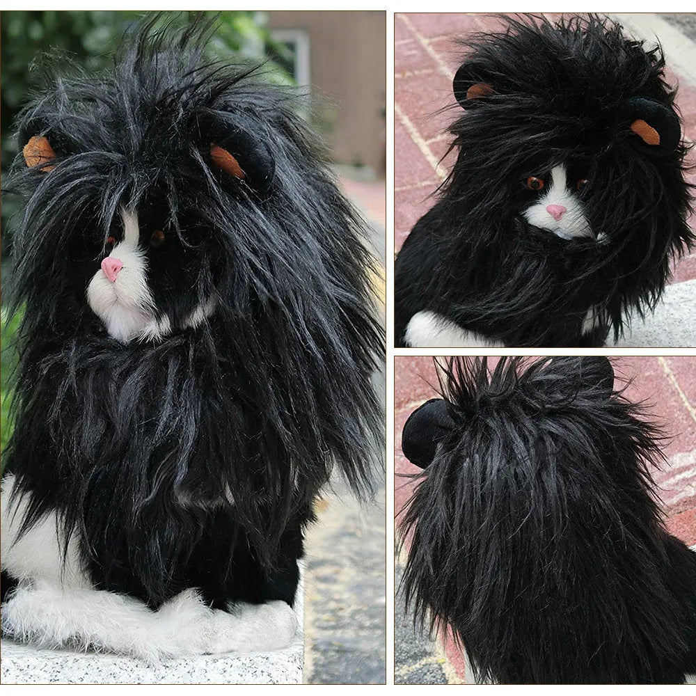 Black and white pet cat lion headgear wig hat costume in small, medium, large sizes