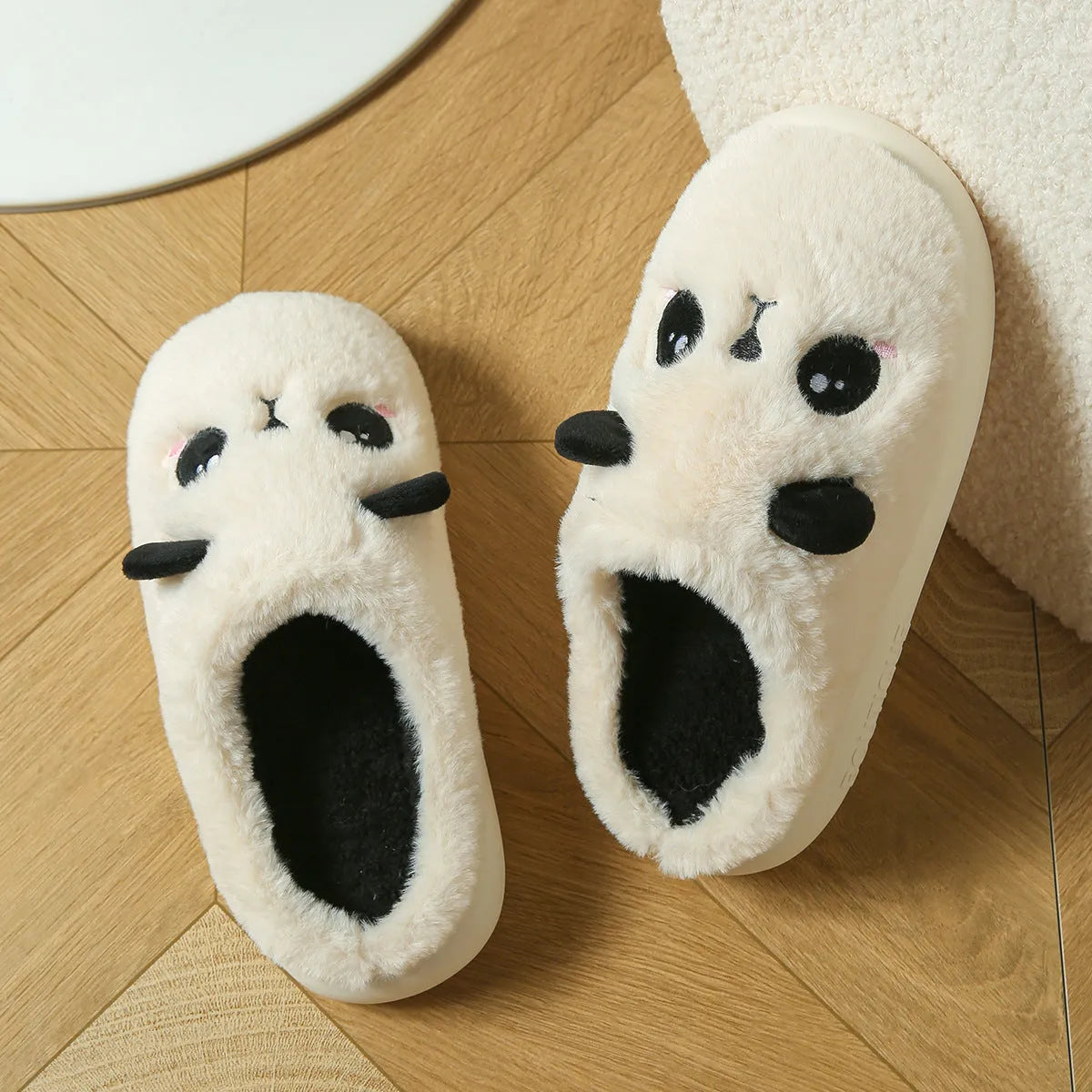 Panda-themed cotton linen toe ring slippers with non-slip PVC soles