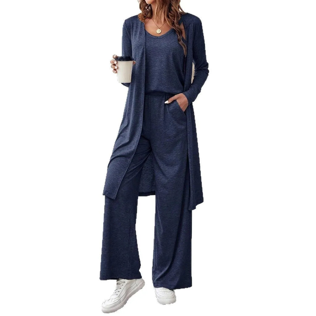 Women's blue polyester three-piece casual suit with trousers, top and matching suspenders in Japanese Korean style