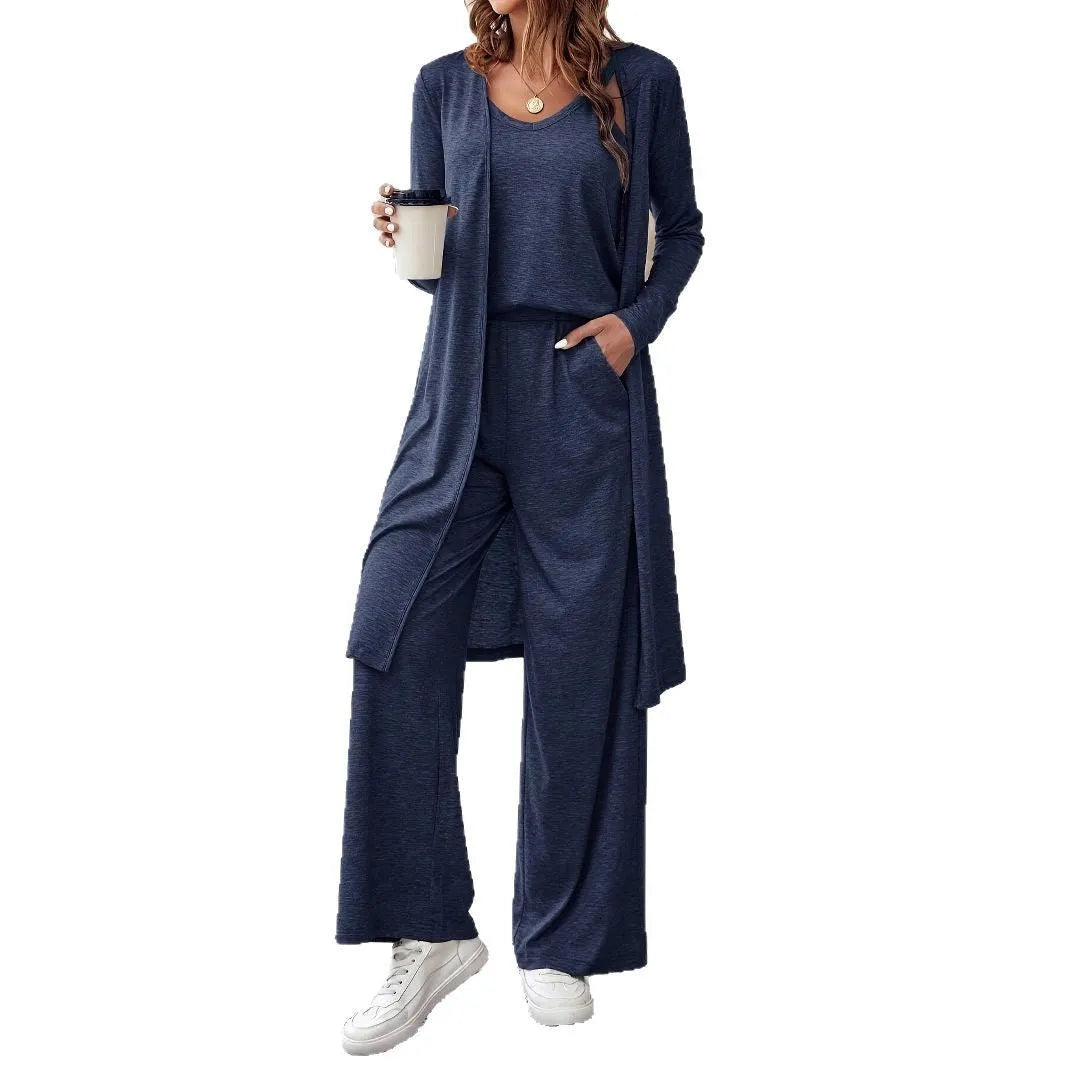 Women's blue polyester three-piece casual suit with trousers, top and matching suspenders in Japanese Korean style