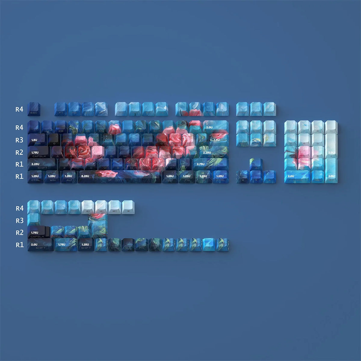 Oil painting style side carving transparent PBT keycaps in rose colour, 130 pieces for mechanical keyboards