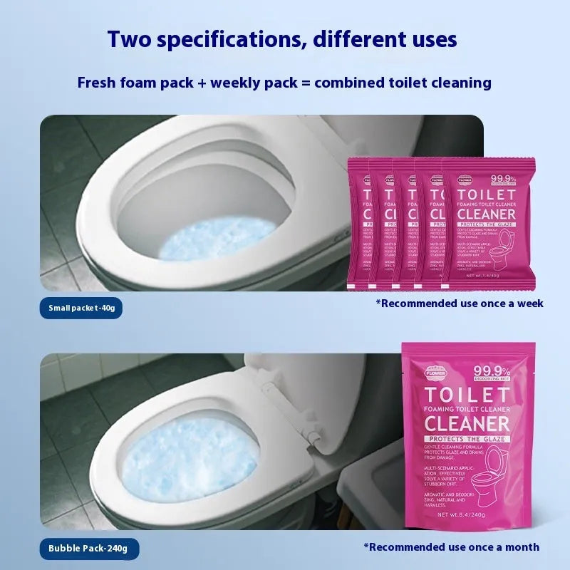 Toilet bubble powder cleaning product in blue ocean or pink floral fragrance, 240g bag or box of 5 sachets.