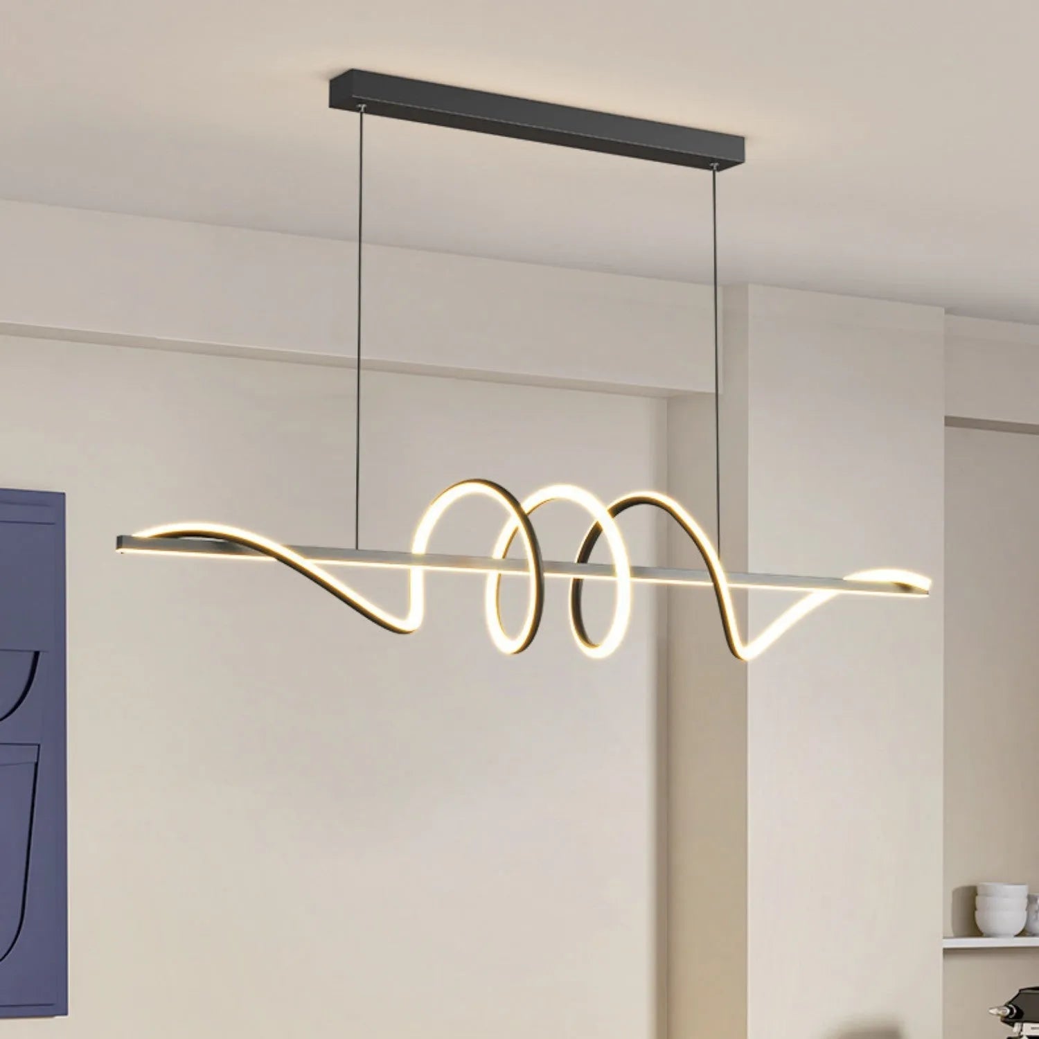 Three ring minimalist LED long bar pendant light in black finish with iron construction and 1000mm length