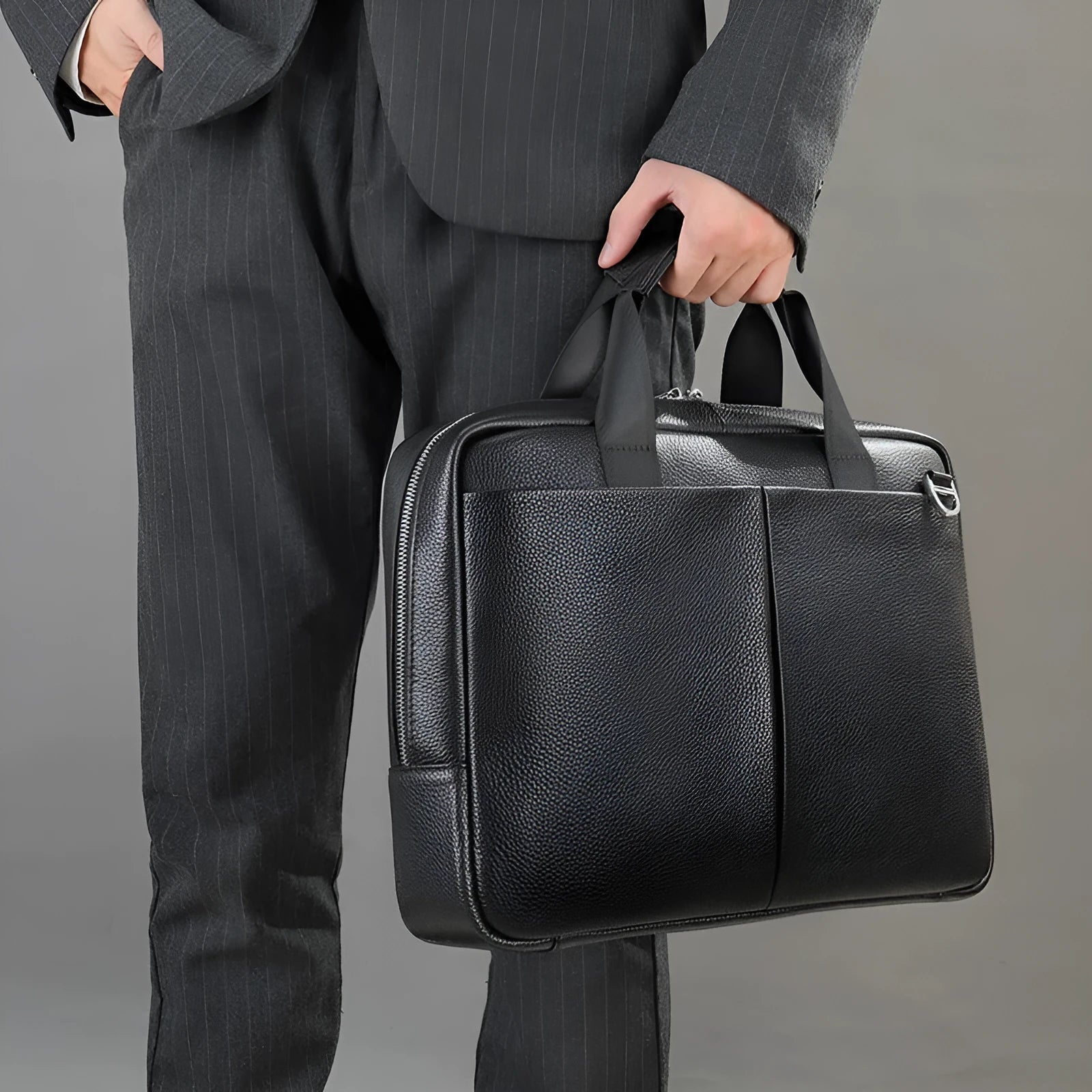 Genuine leather large capacity horizontal briefcase in black for men, first layer cowhide with sewing line detailing