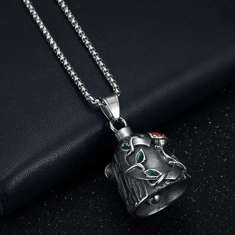Titanium steel geometric motorcycle lucky bell with polished finish and double-sided epoxy rose design