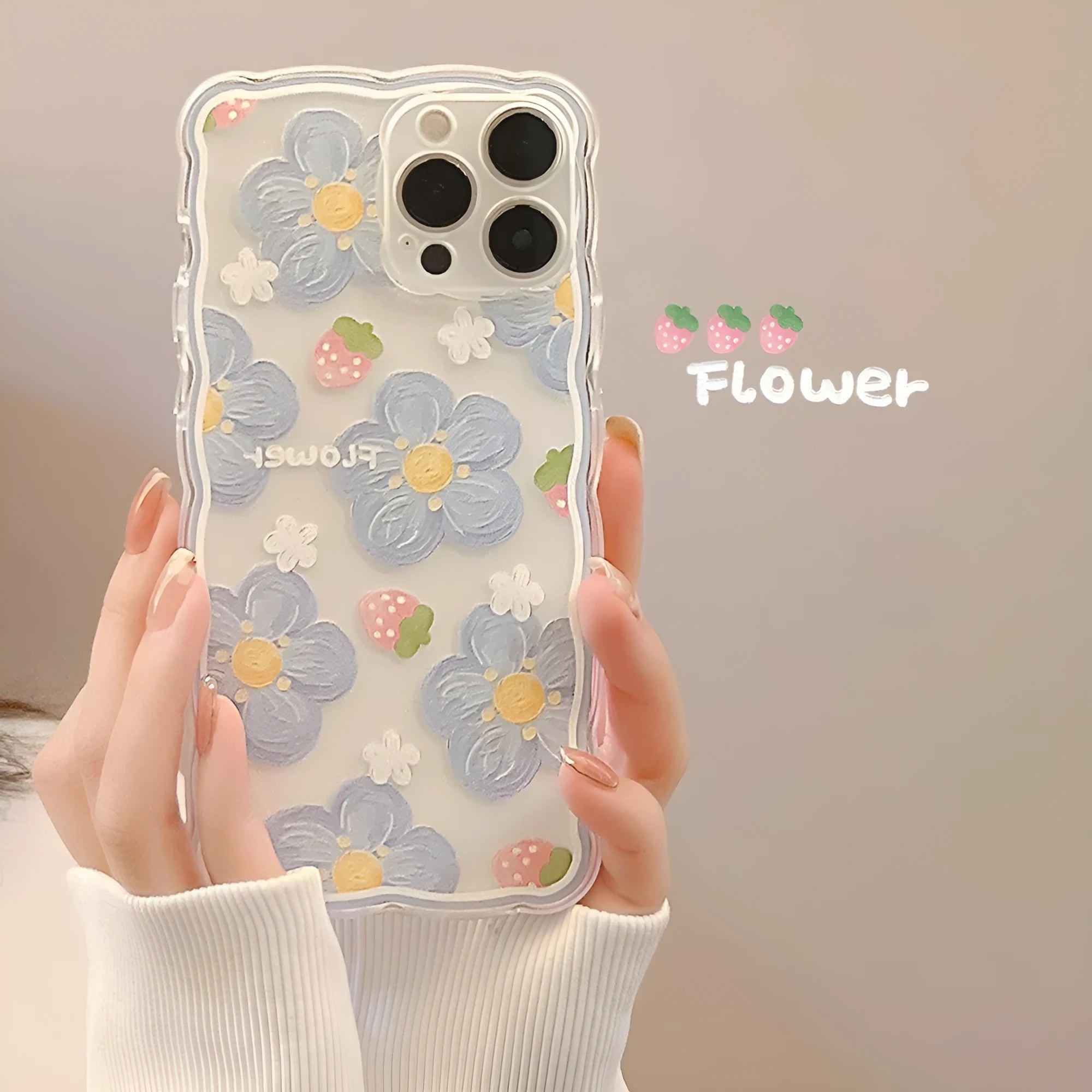 Wave edge transparent TPU silicone phone case with blueberry flower design for Apple iPhone