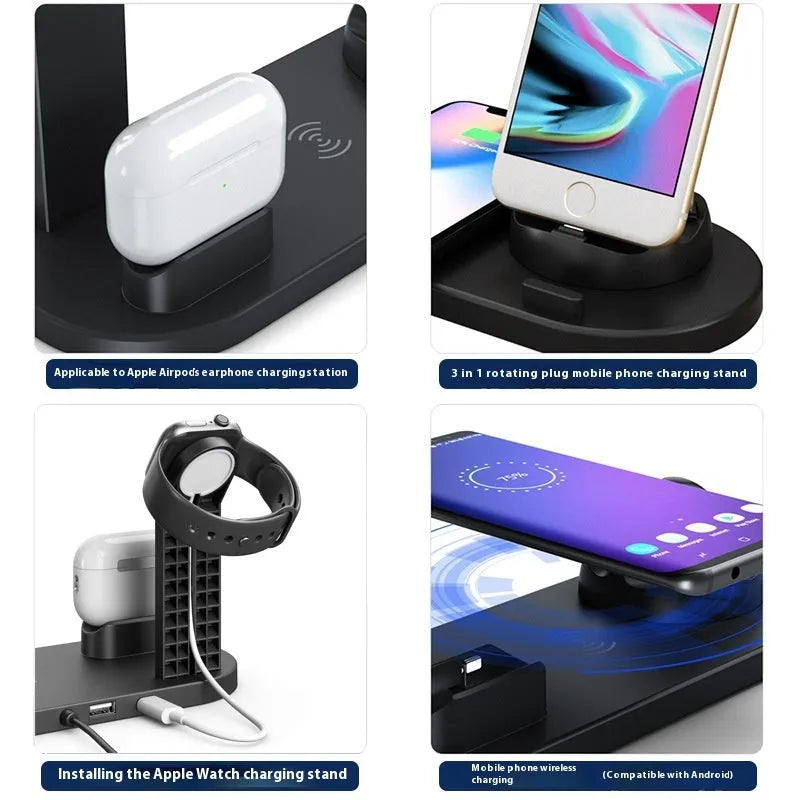 Black multi-device charging stand holding a mobile phone, headphones, and a watch with 15W wireless charging.