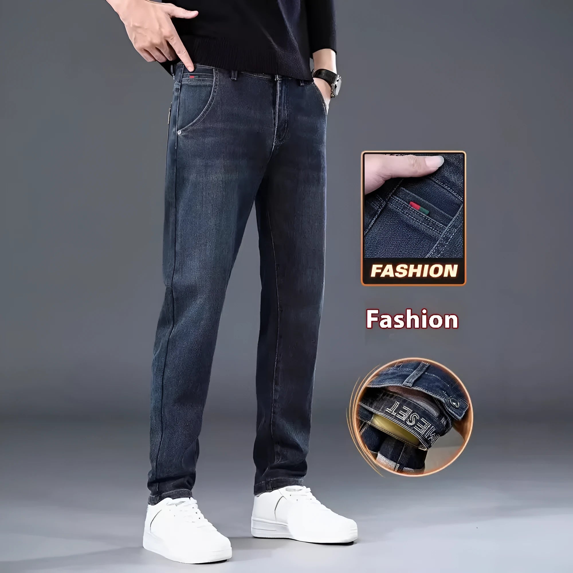 Blue grey men's slim straight casual trousers with a mid waist and zip fly on a neutral background.