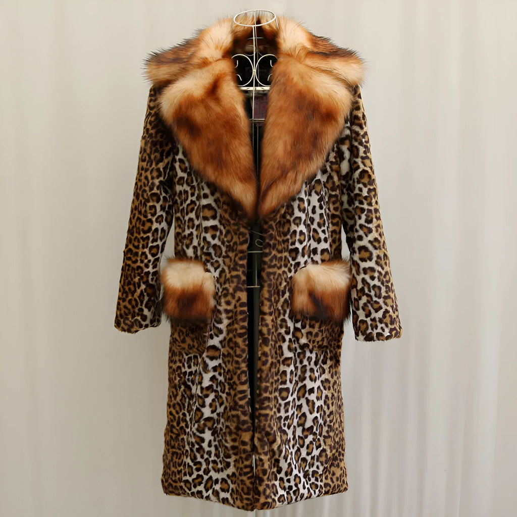Women's long leopard print artificial fur jacket with regular sleeves for street fashion wear