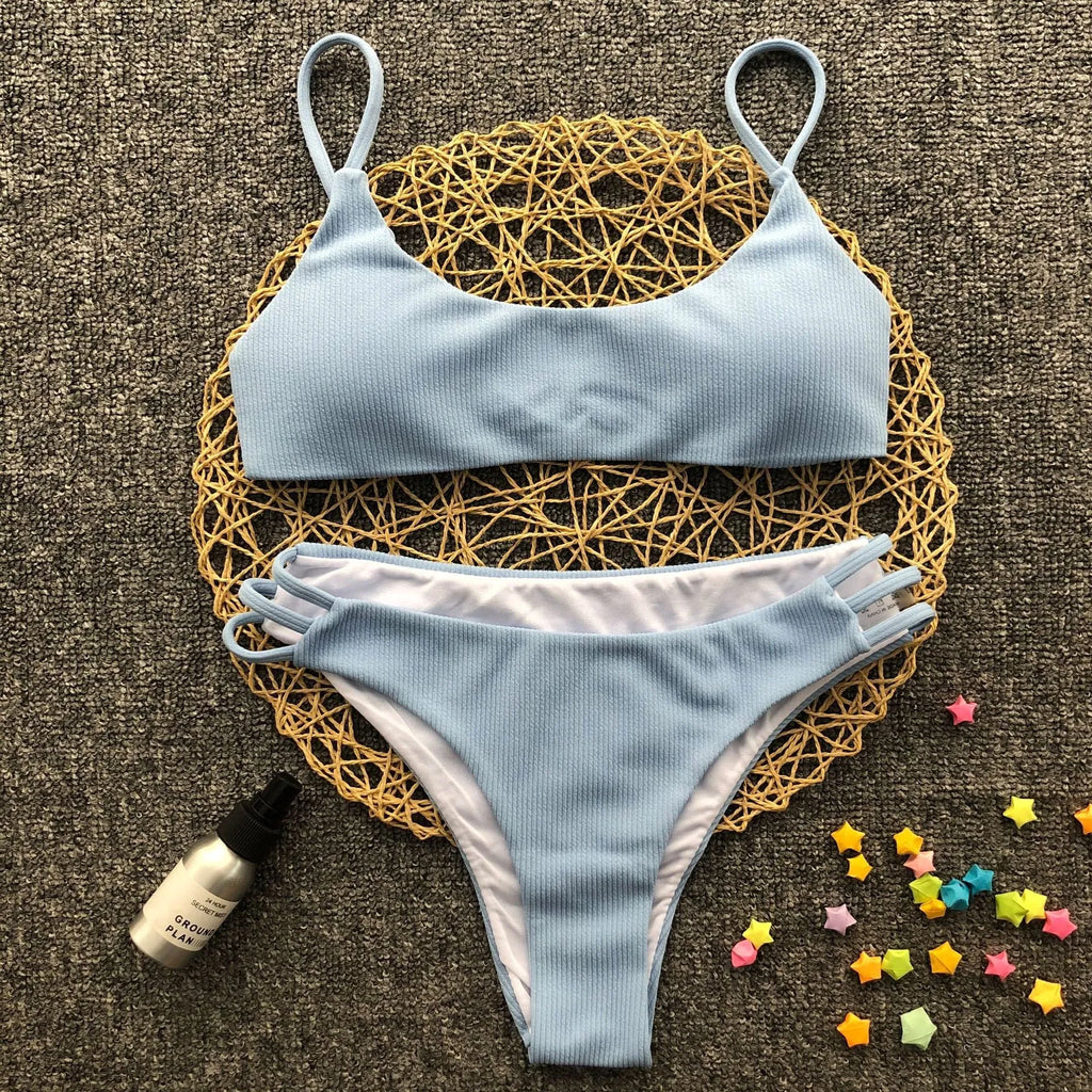 Blue solid colour striped bikini with nylon and polyester fabric