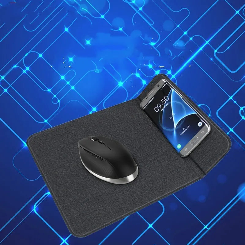 Black 2-in-1 wireless charging mouse pad on a desk with a phone resting on the built-in bracket