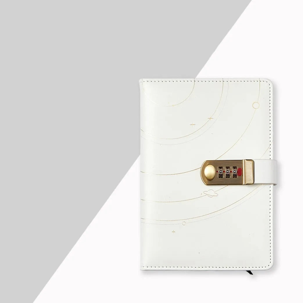 A5 password book diary with fingerprint lock, imitation leather hard cover, open to show 100 pages