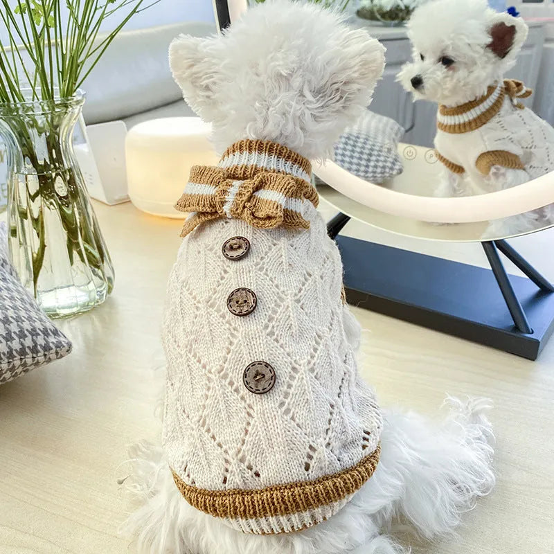 Bowknot hollow knit dog sweater in coffee white colour on a small dog, polyester fabric, lattice pattern