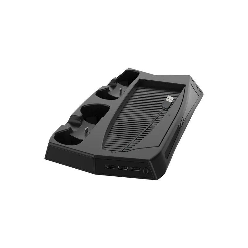 Black PS5 charging cooling base with two controller docks, three USB ports, and cooling fan for PlayStation 5 consoles