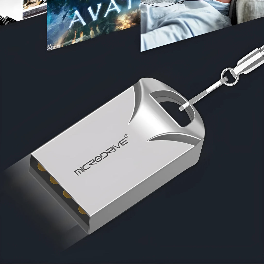 Compact black and silver metal USB flash drive on a white background, showing mini size.