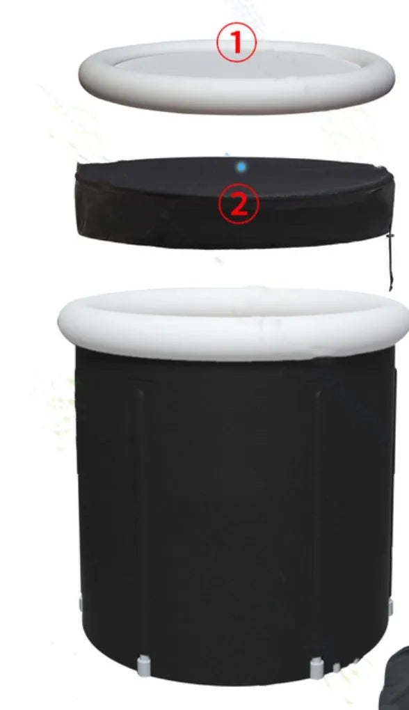 Black portable inflatable ice bath tub measuring 70x80cm with weather lid and drainage components