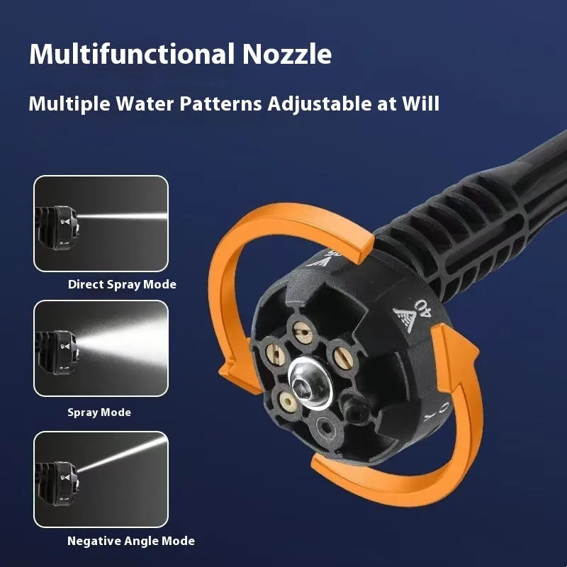 Green wireless high-pressure water gun with metal head and six-in-one nozzle, shown with battery and accessory kit.