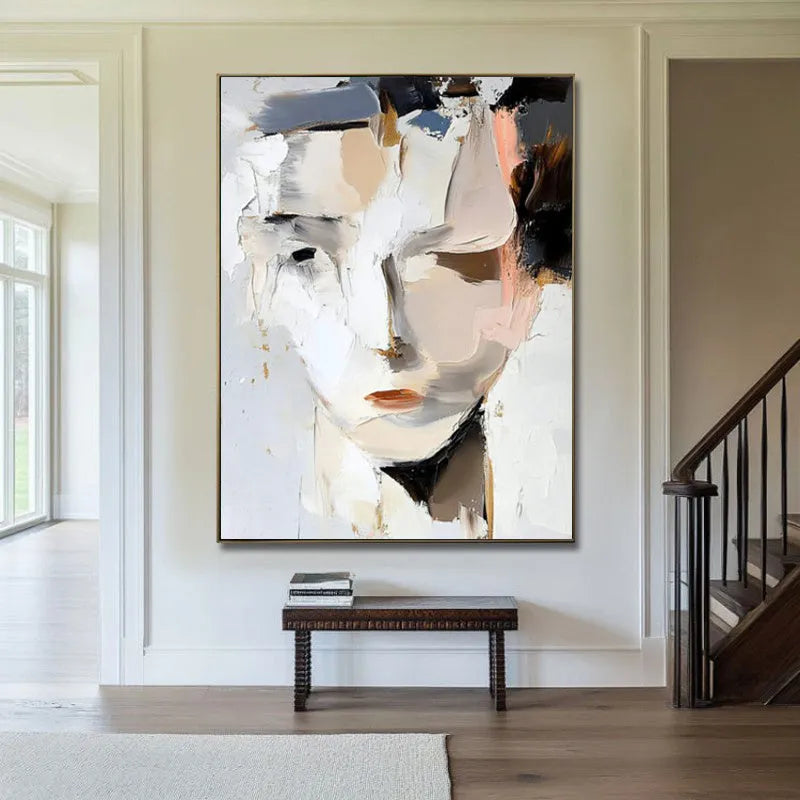Abstract woman portrait hand-painted oil painting on canvas, modern black and white vertical one-panel wall art, unframed