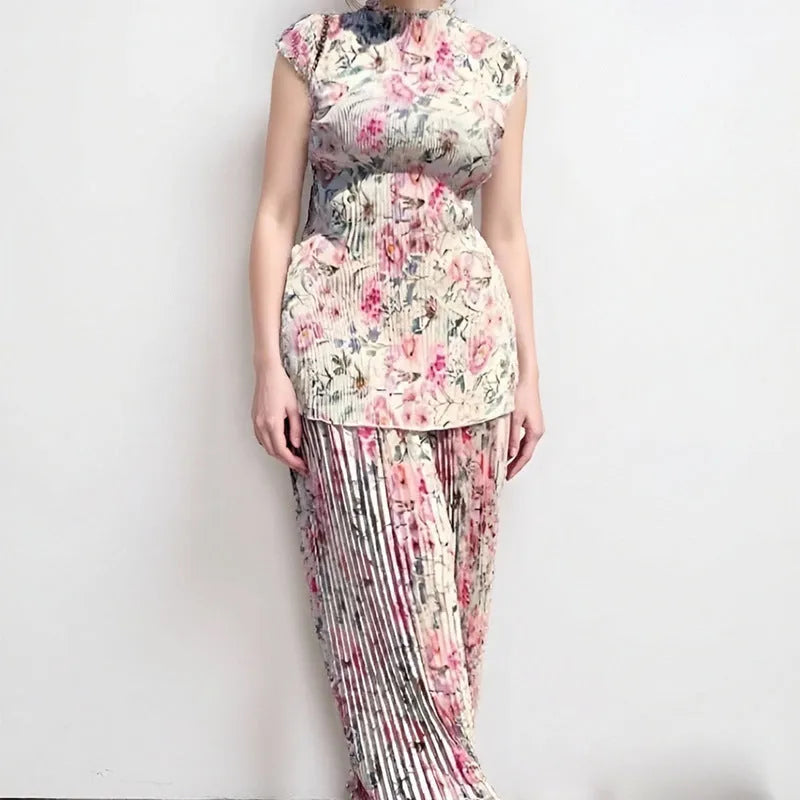 Long sleeve printed chiffon dress two-piece set with high waist skirt in picture colour
