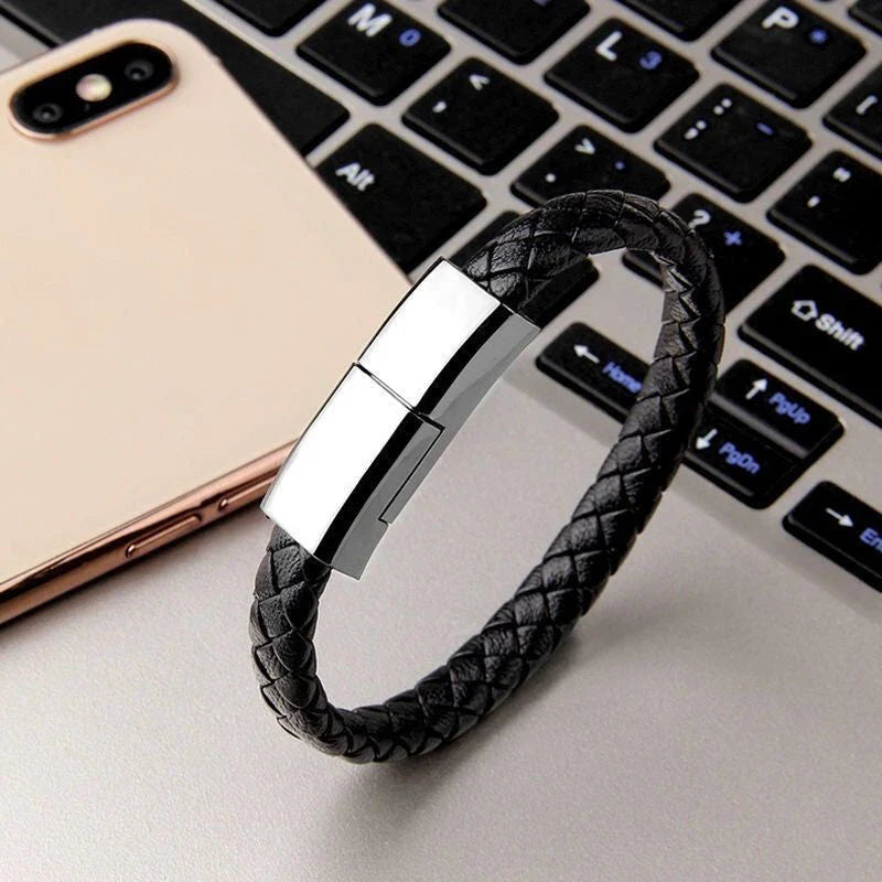 Stylish leather bracelet charging cable for iPhone, Android, and USB-C devices in various colors and sizes