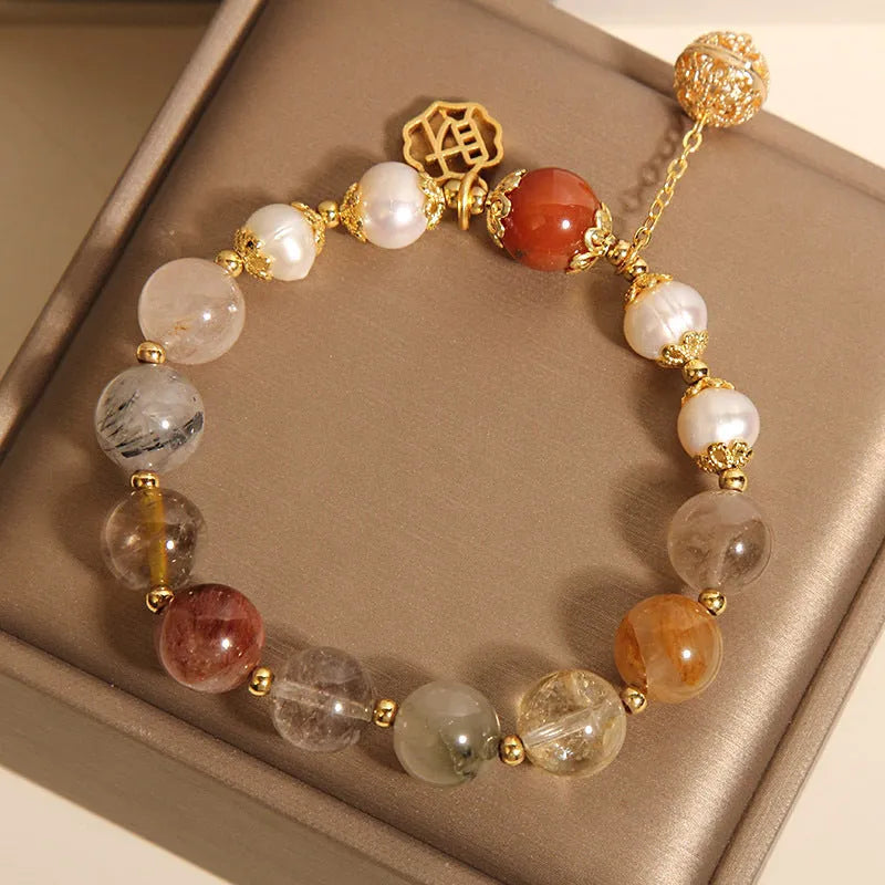 Women's crystal pearl bracelet with colourful hair crystal pearls and Chinese character Cai decoration