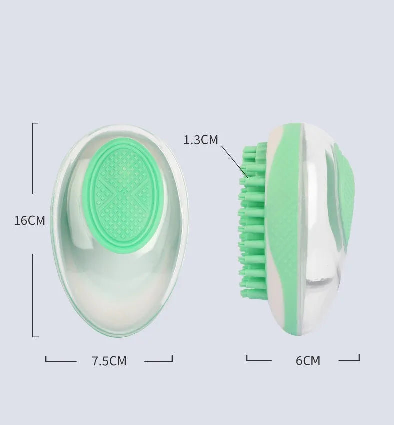 2-in-1 pet bath brush with soft silicone bristles and non-slip grip, in green, for grooming dogs and cats