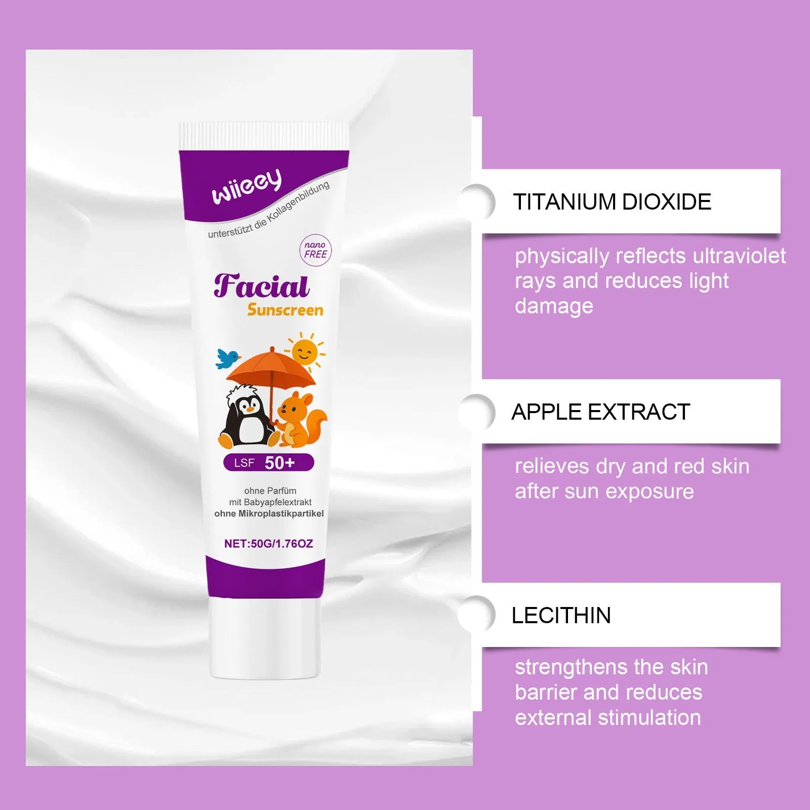 50g summer sunscreen cream tube with titanium dioxide mineral protection