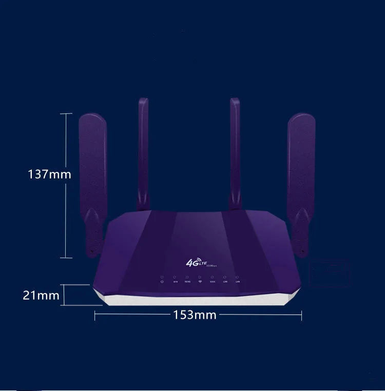 Blue 4G dual-mode router with four external antennas on a desk.