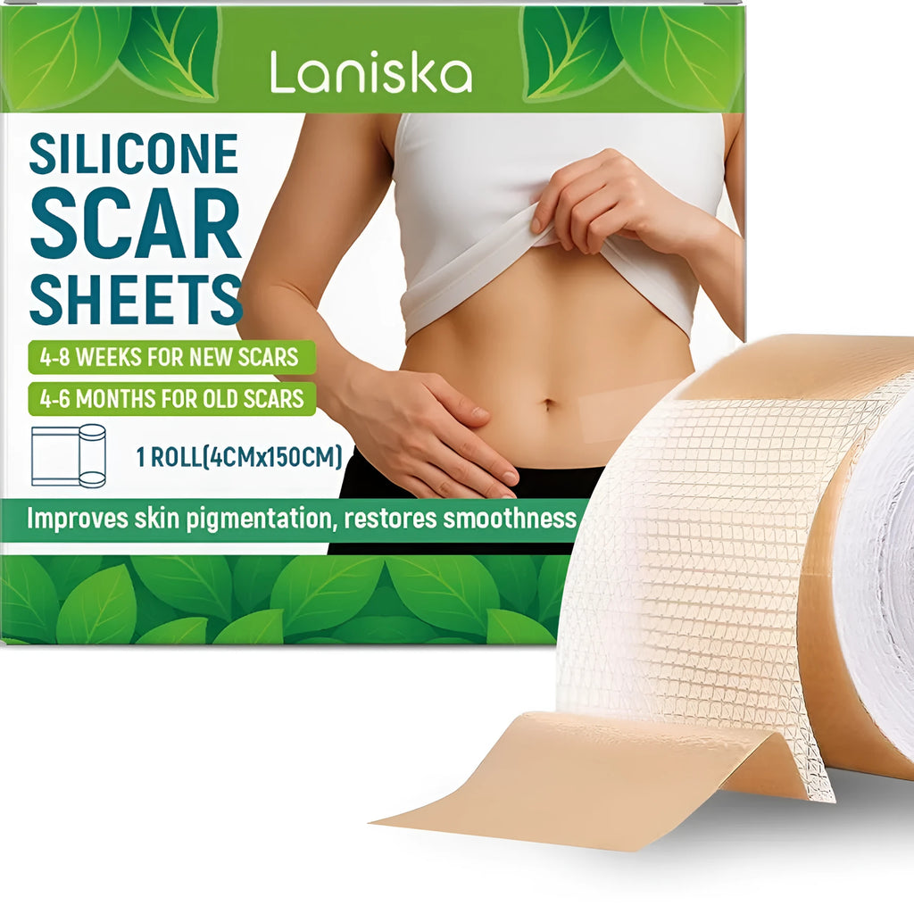 Silicone scar sheets roll measuring 4cm wide by 150cm long with tea tree oil and aloe extract ingredients