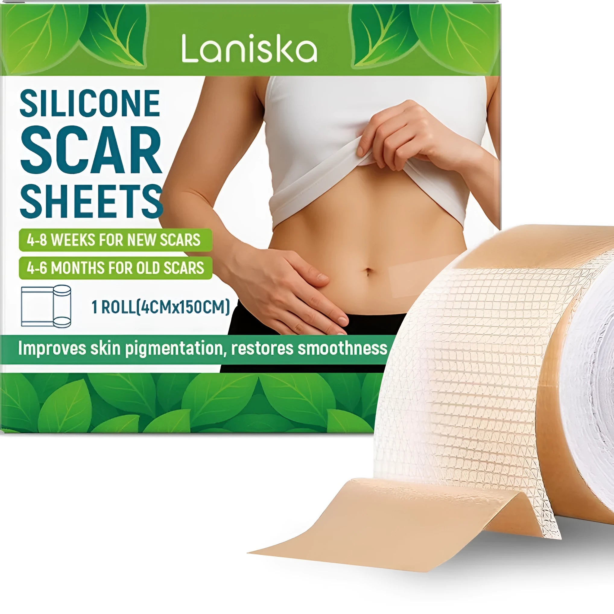 Silicone scar sheets roll measuring 4cm wide by 150cm long with tea tree oil and aloe extract ingredients