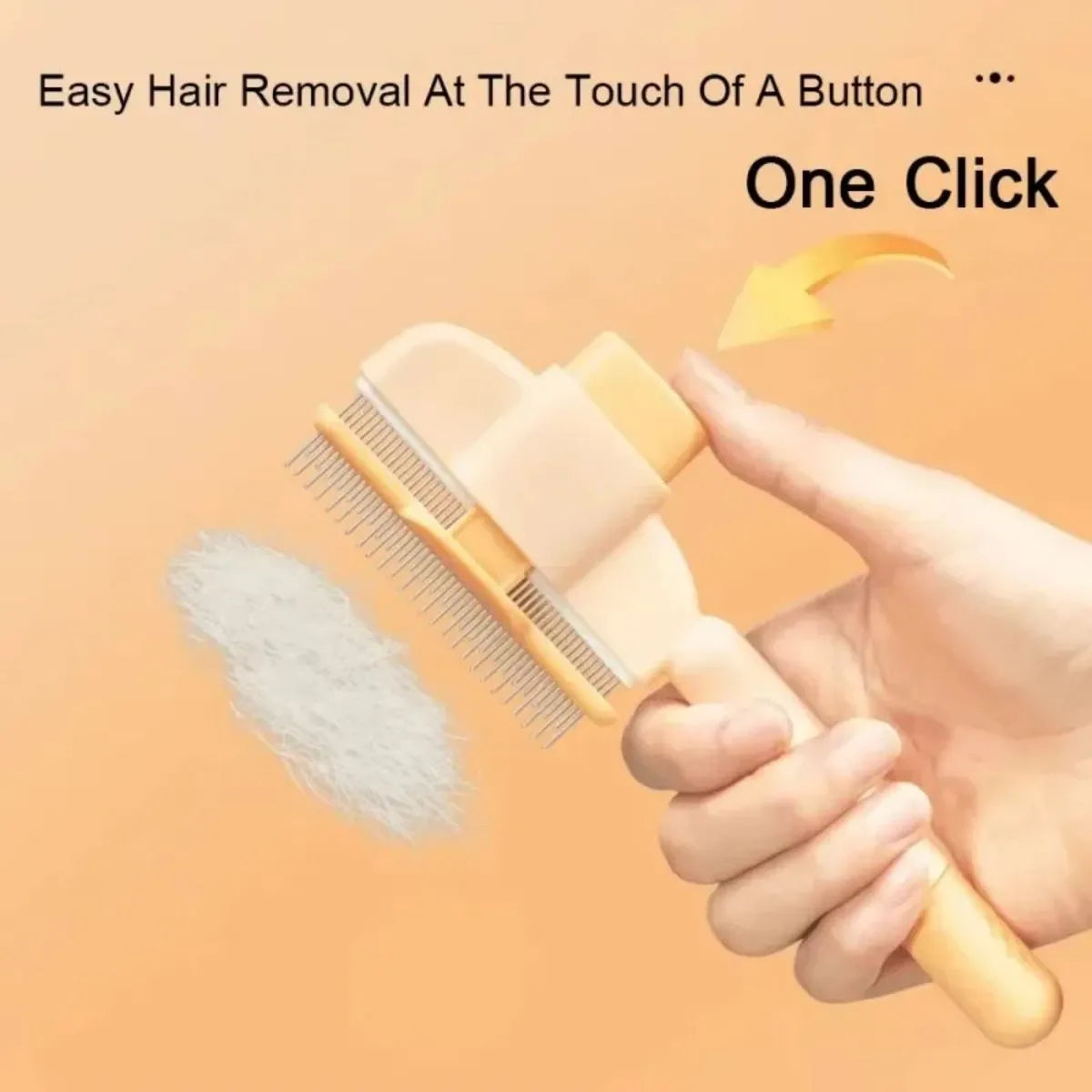 Green and yellow pet grooming brush for dogs with one-click hair removal feature