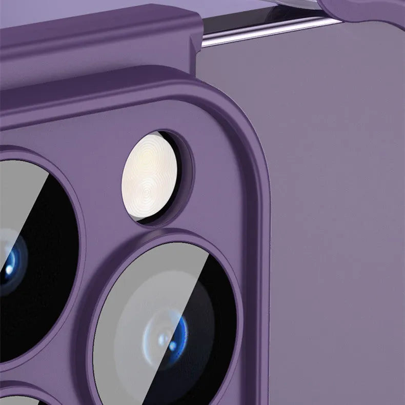 Dark purple corner pad TPU iPhone case showing back with integrated glass lens film over cameras.