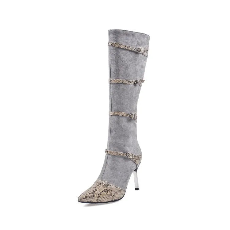 Grey and black women's knee high stiletto boots with a 9cm thin heel and velvet lining