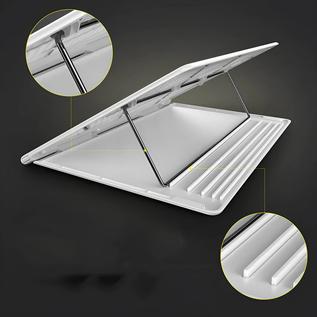 Portable black metal alloy laptop stand folded to 0.8mm thickness next to a notebook computer.