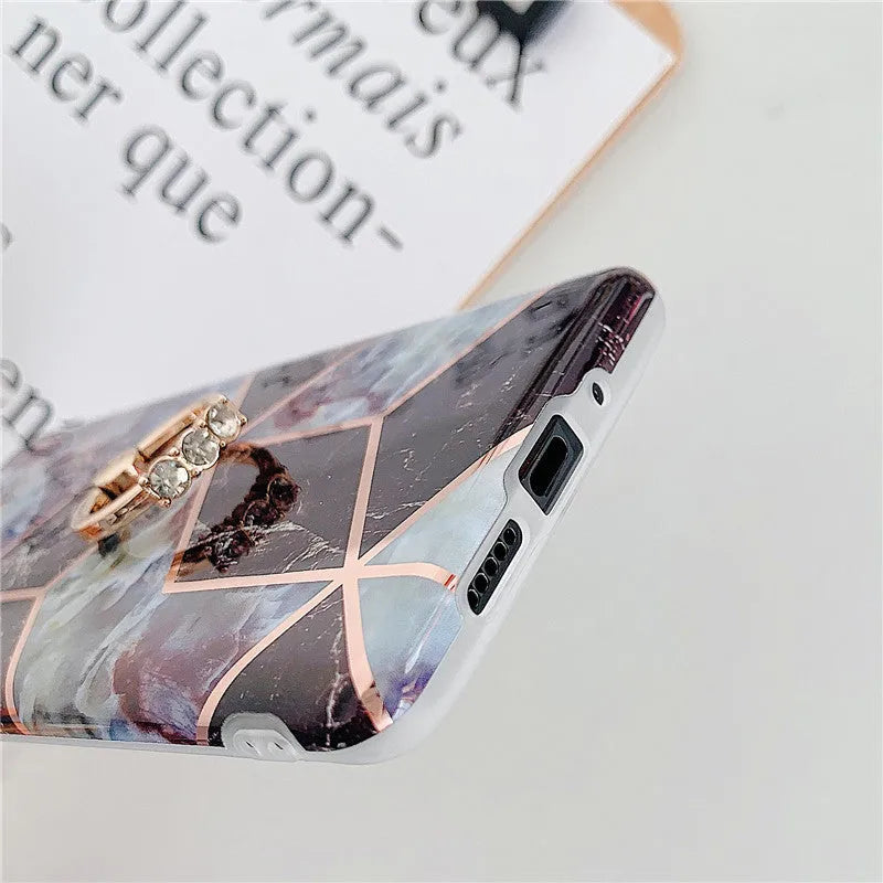 Electroplating mosaic marble ring phone case with grid pattern in TPU for Huawei smartphone