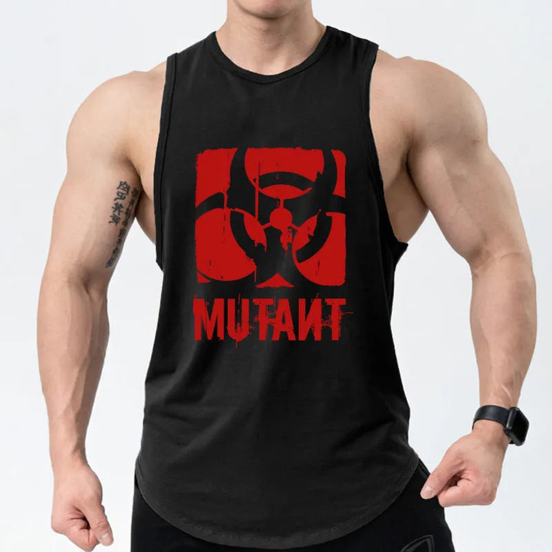 Man's loose-fitting sleeveless polyester fitness vest in a solid colour, showing tank-top design.