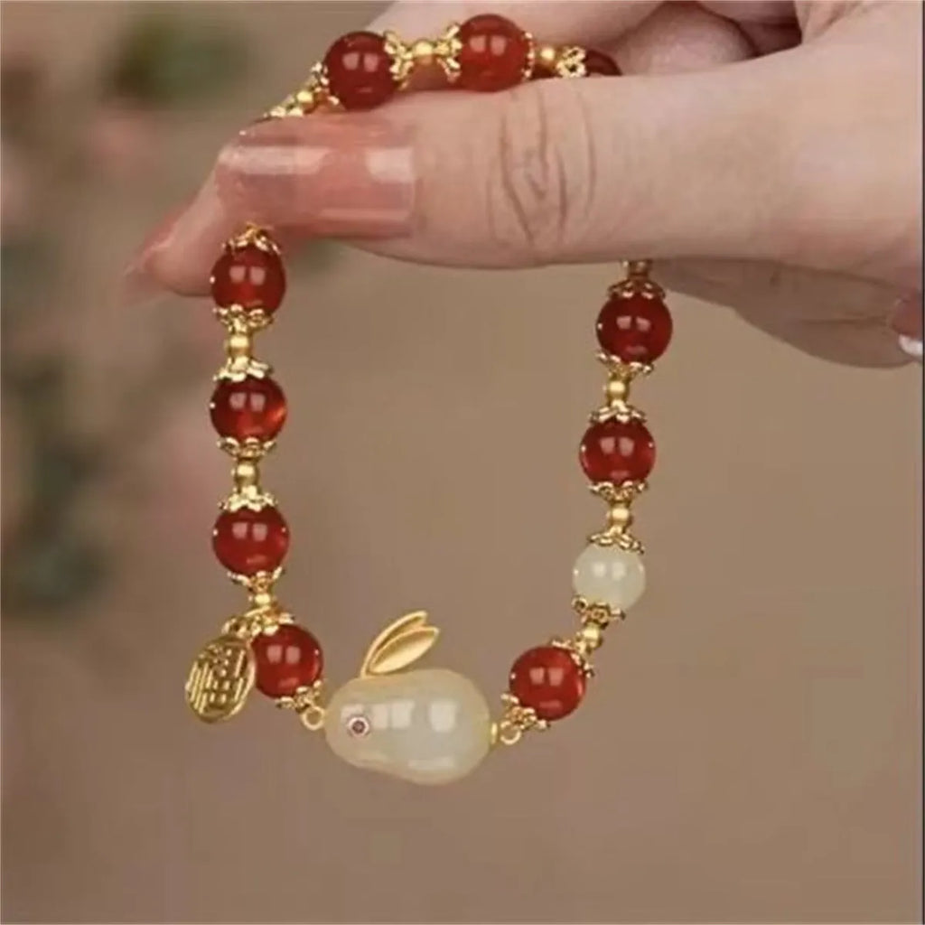 Chinese national style glass bracelet with rabbit charm for women and men