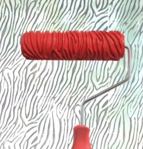 Red 7 inch texture paint embossing roller with rubber patterned surface for creating relief wall effects