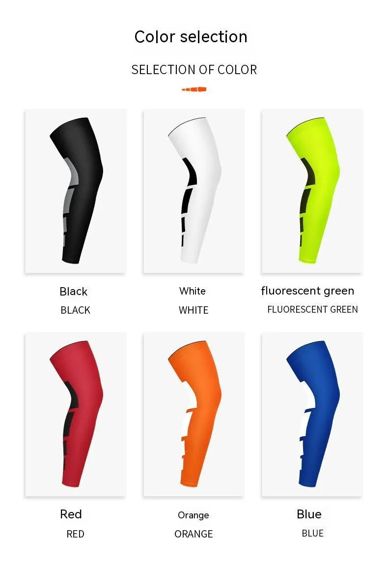 Single knee pad in black, white, blue, red, fluorescent, or orange, sizes M 520mm to XL 540mm, polyester spandex