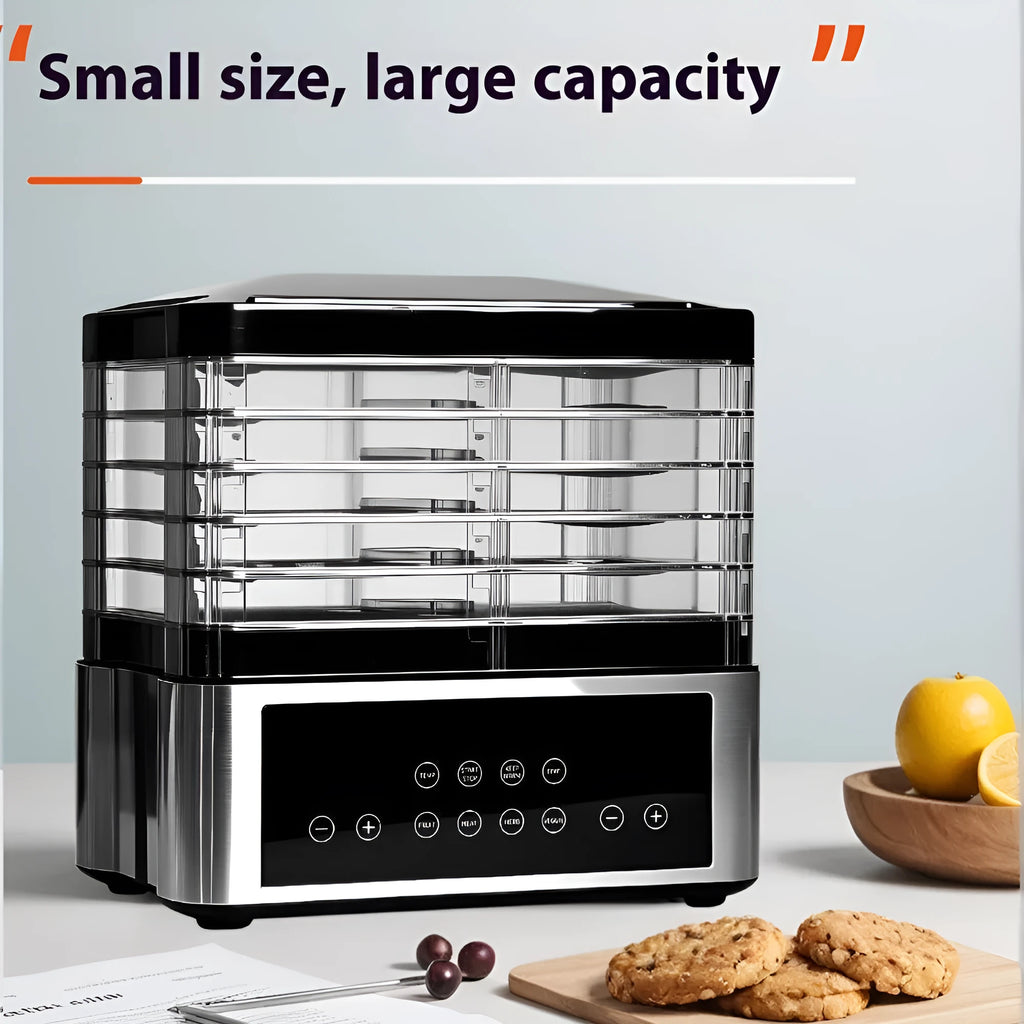 Silver stainless steel household food dehydrator with 14 litre capacity.